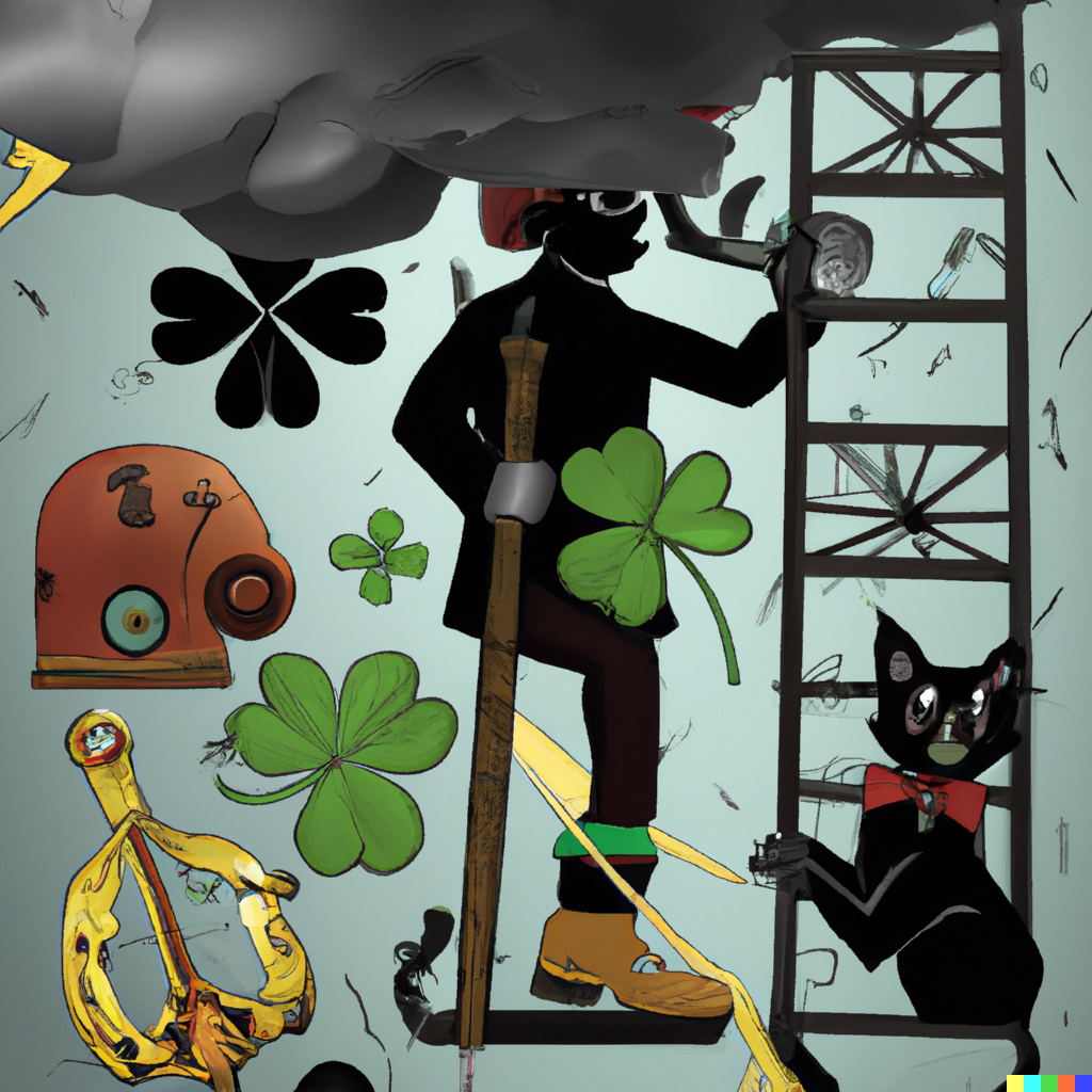 cartoonish image of a person covered in bad luck symbols such as a ladder, a broken mirror and a black cat. The person could be depicted as looking worried and holding a rabbit's foot charm and a four-leaf clover, as if trying to ward off the bad luck. The background could be a dark and stormy day, with an umbrella and horseshoe hanging in the background, adding to the superstition theme.
